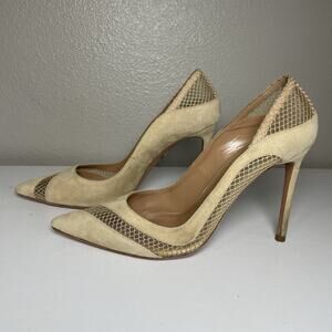 Aquazzura Dalia Sz 38.5 Suede Mesh Pumps Beige 4” Heels Pointy Closed Toe Italy